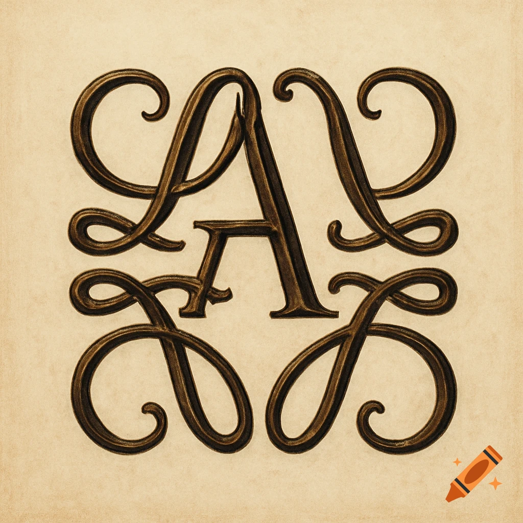 An ornate, bronze-colored letter 'A' with elaborate, flowing flourishes on a textured, light beige background.