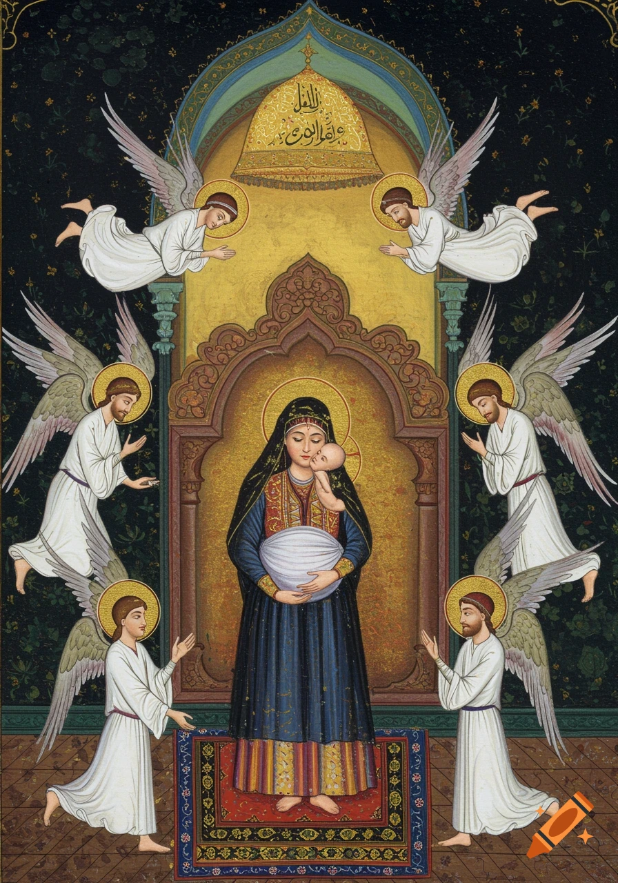 A mother holds a baby in a sacred shrine, surrounded by six angels, in the style of an Iranian miniature painting.