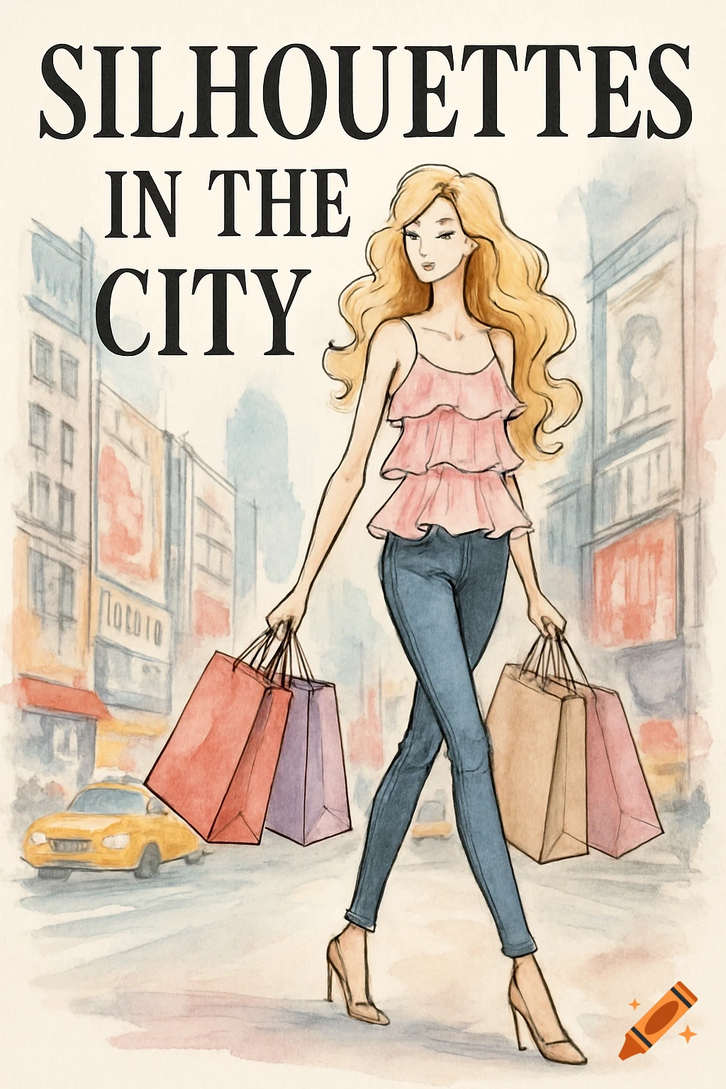 Watercolor illustration of a woman with blonde curly hair in a pink ruffle top and jeans, carrying shopping bags on a city street, with 'SILHOUETTES IN THE CITY' at the top.