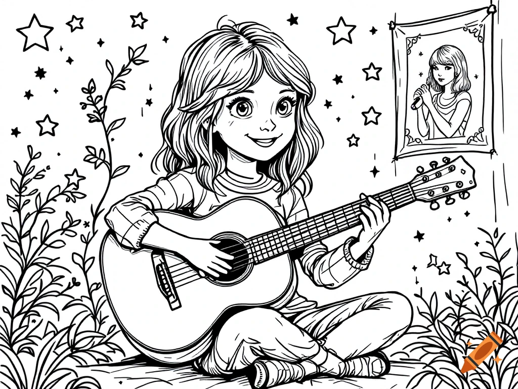 A black and white coloring page of a cartoon girl sitting cross-legged and playing an acoustic guitar, surrounded by stars and plants, with a framed picture of another girl in the background.