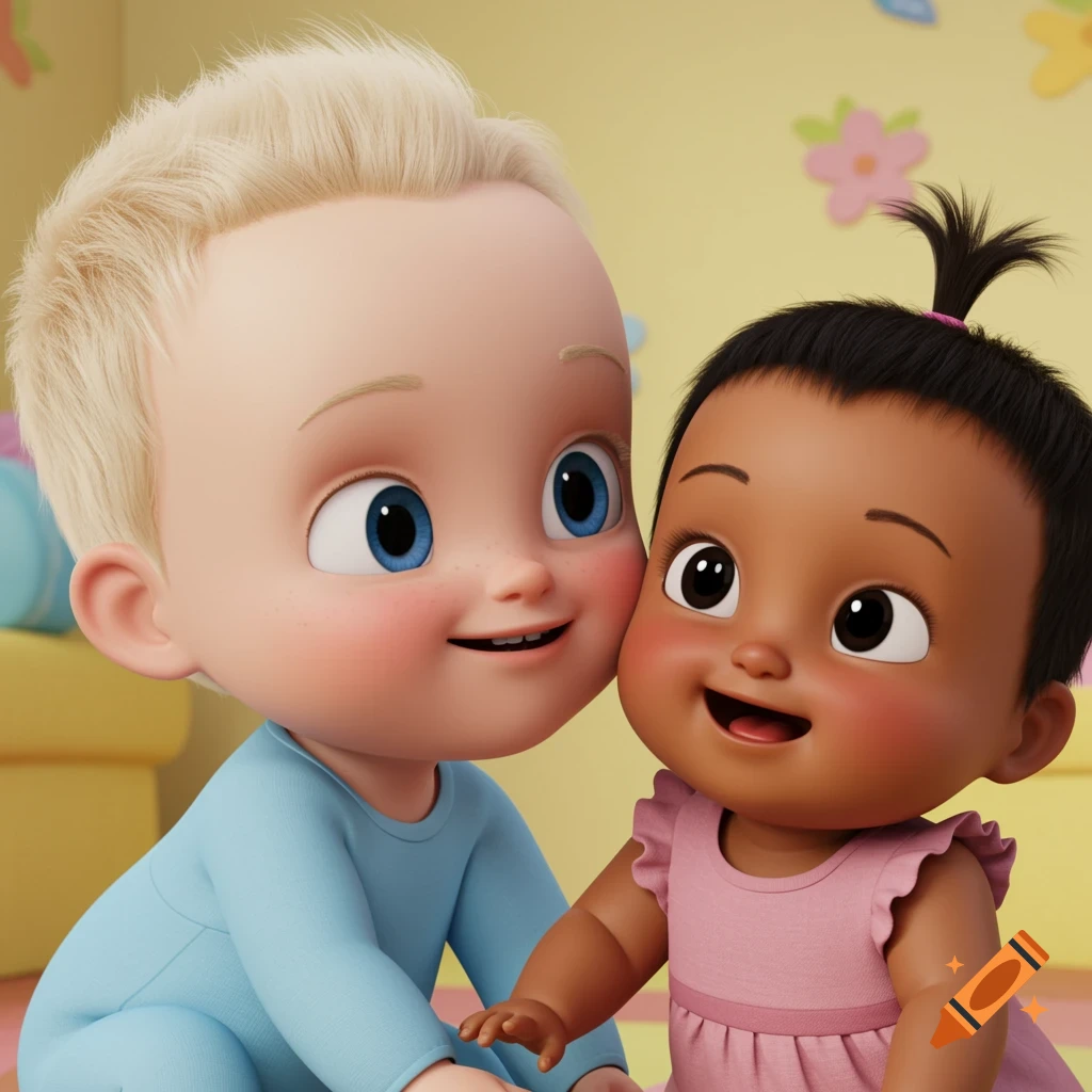 A 3D animated blonde baby boy and a dark-haired baby girl cheek to cheek, smiling sweetly.