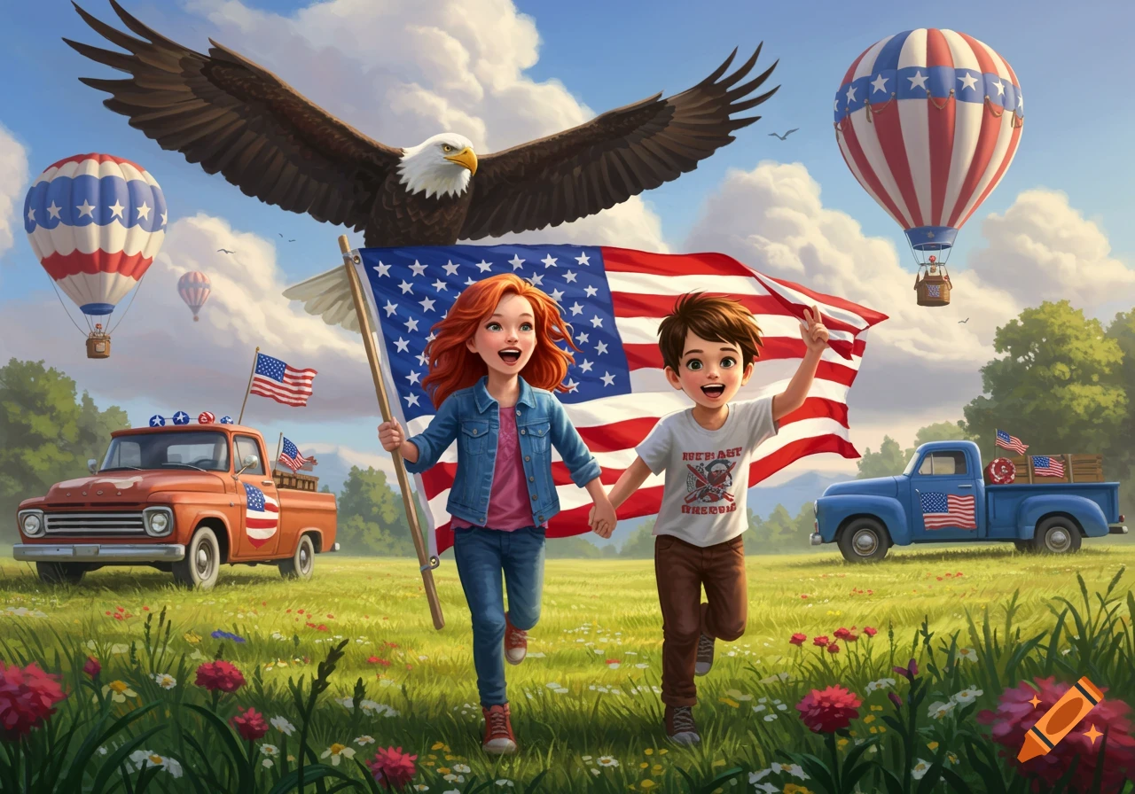 A boy and girl run through a grassy field holding a large American flag, with an eagle, hot air balloons, and patriotic trucks in the background.