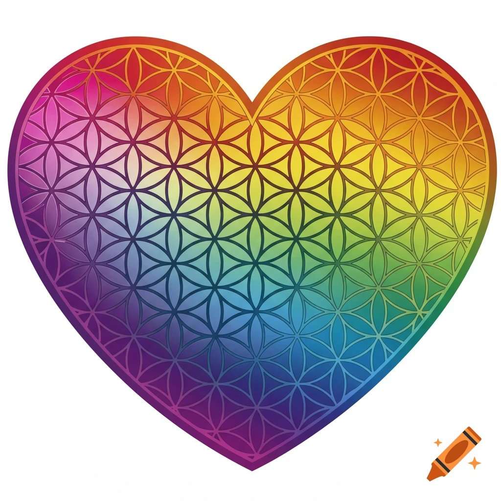 A rainbow-colored heart symbol with an intricate flower of life sacred geometry pattern.