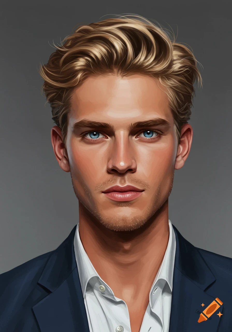 Close-up portrait of a young man with blonde hair and blue eyes, wearing a dark suit and white shirt, in a digital painting style.