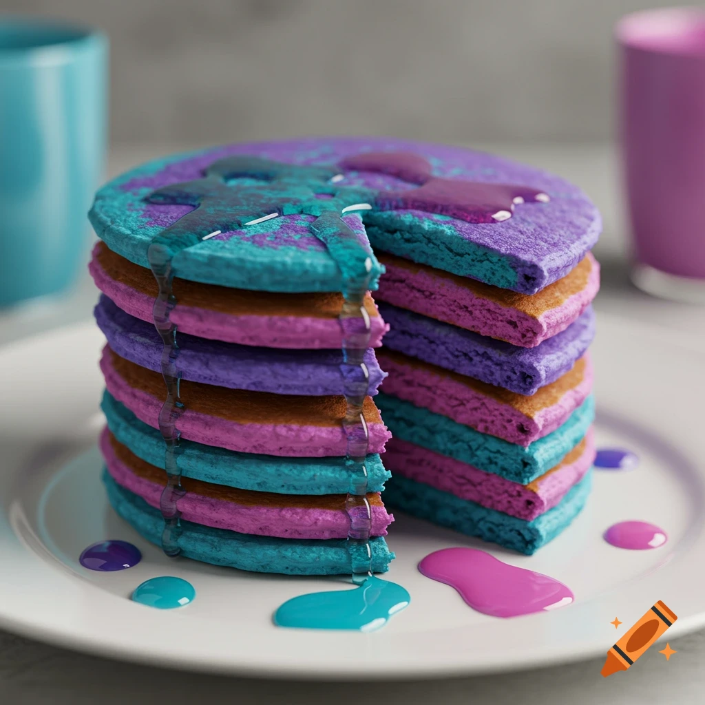 A vibrant stack of purple, pink, and blue pancakes with syrup on a white plate, with two blurred cups in the background.
