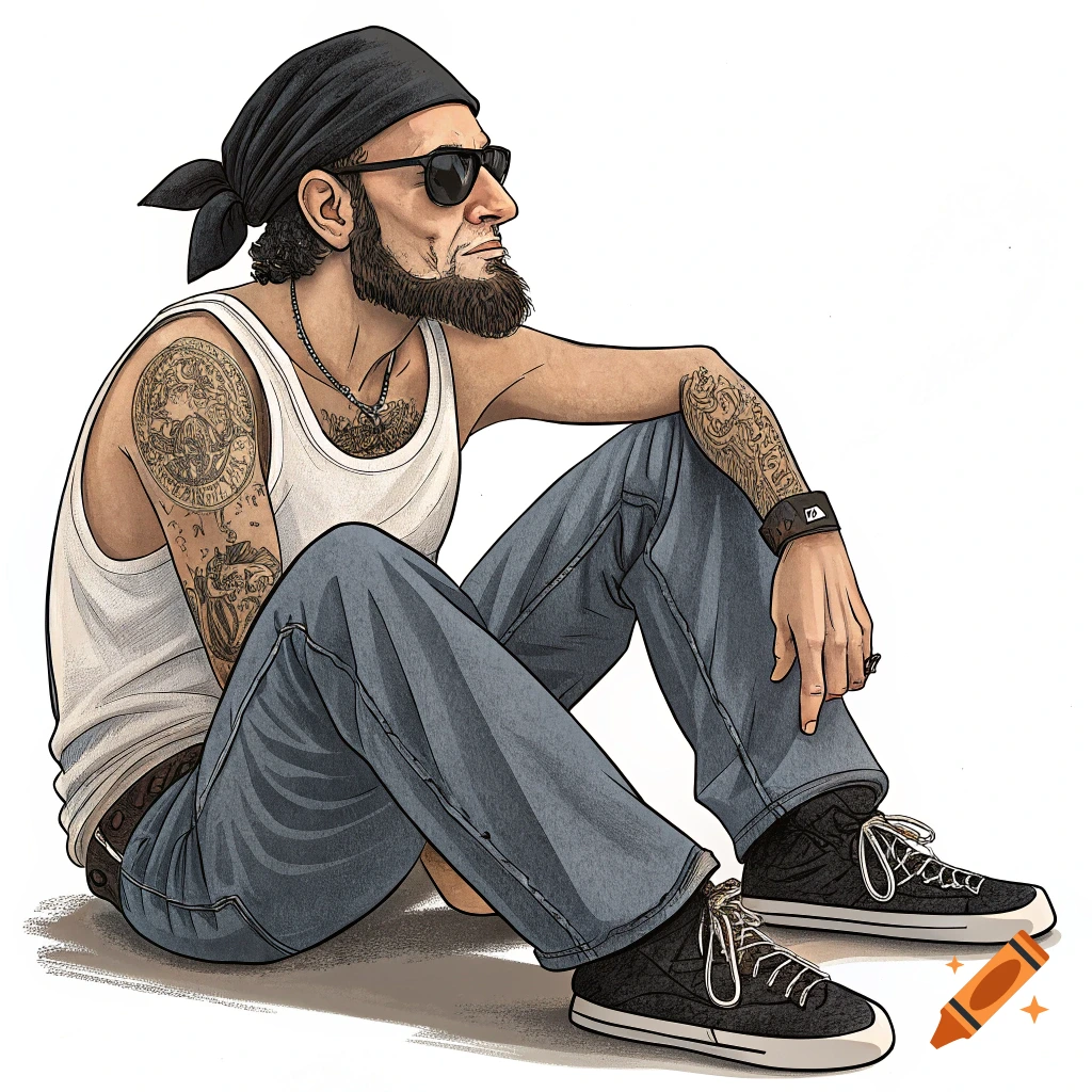 An illustrated man with a beard, sunglasses, and a black durag sits, wearing a white tank top, jeans, and black sneakers, covered in tattoos.
