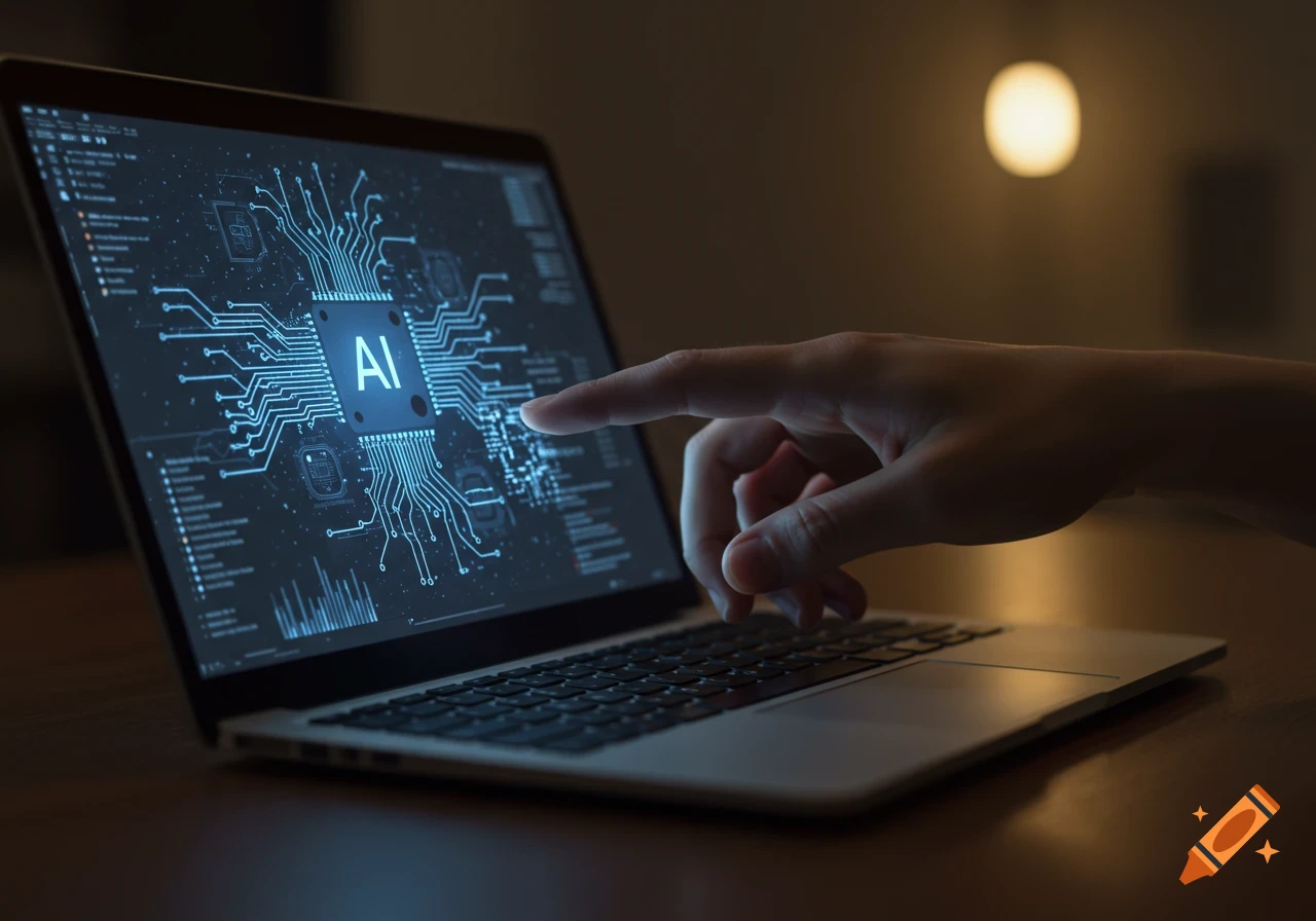 A close-up of a hand pointing at a glowing 'AI' chip graphic on a laptop screen in a dark room.