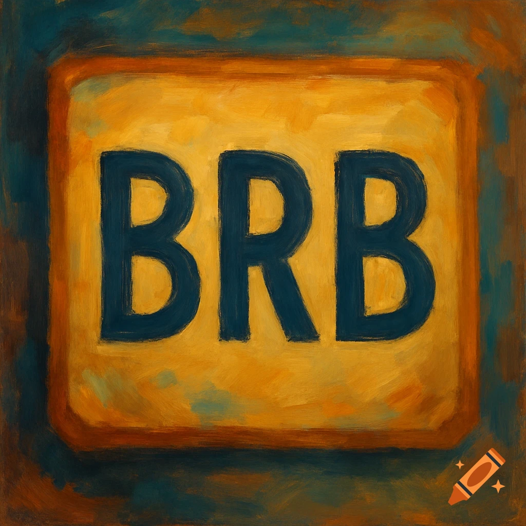 The letters BRB in dark blue on a golden-yellow rectangular sign, depicted in a textured, painterly style.