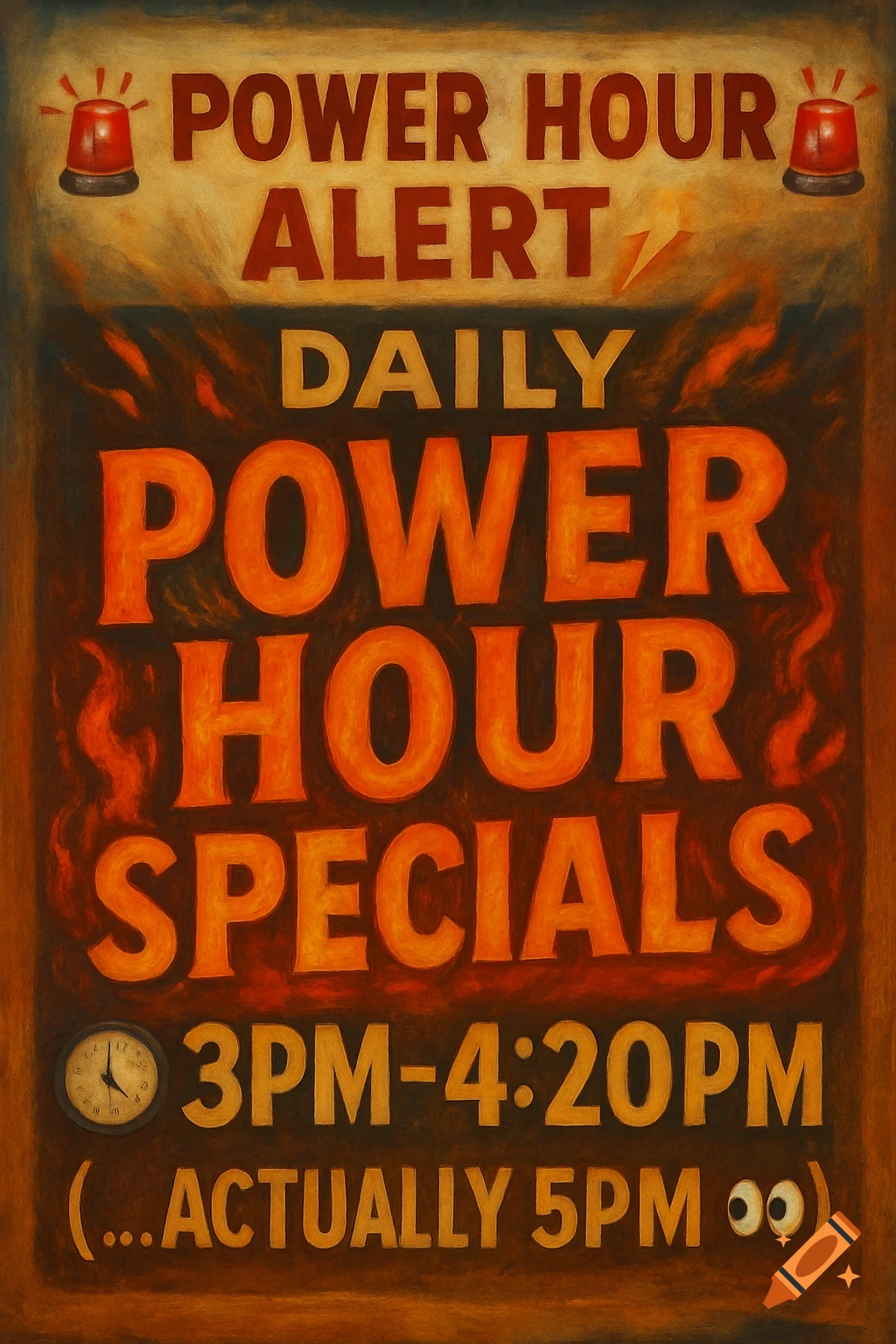 A vintage-style poster with red alarm lights and flames. Text reads: "POWER HOUR ALERT DAILY POWER HOUR SPECIALS 3PM-4:20PM (...ACTUALLY 5PM 👀)".