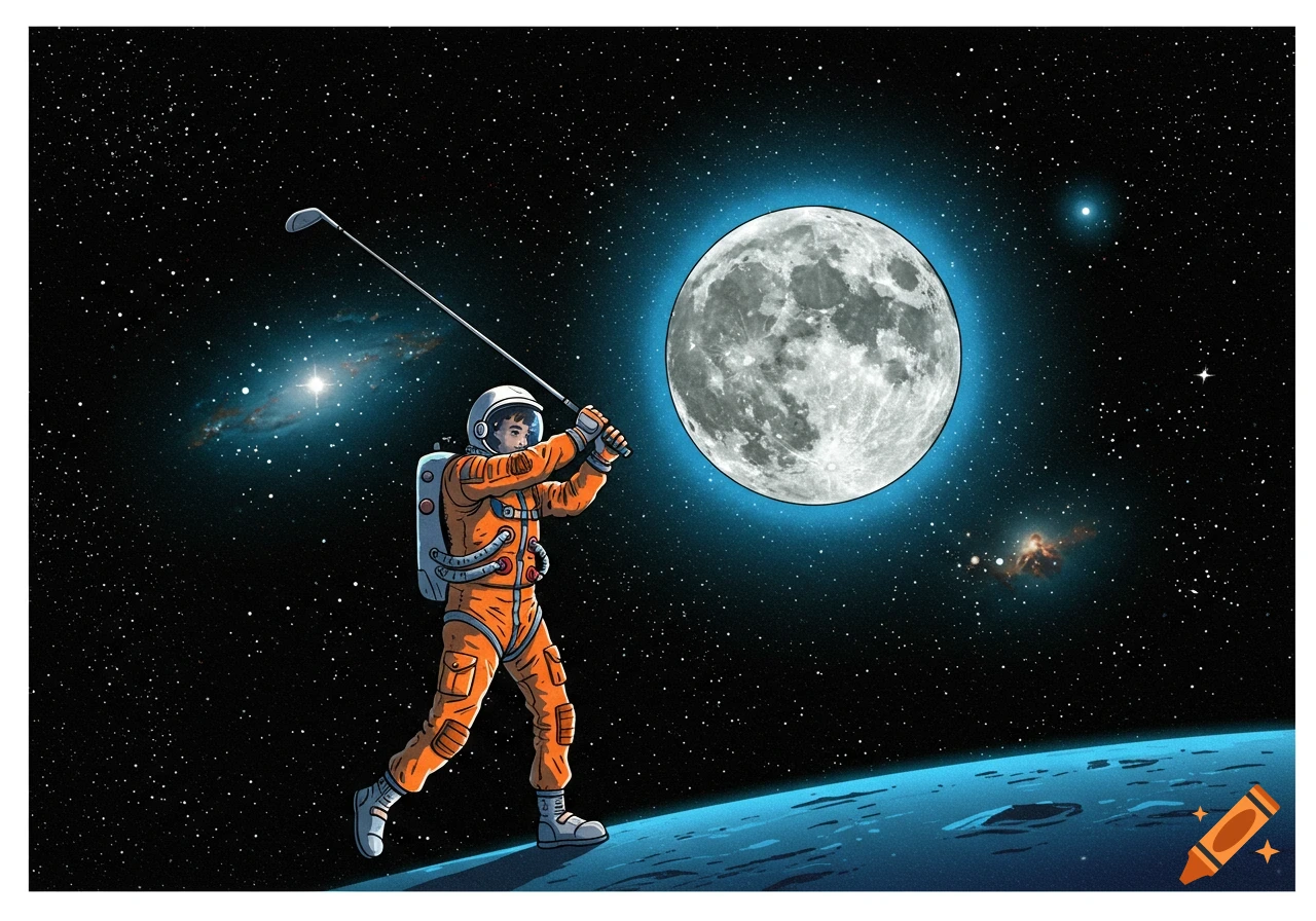 An astronaut in an orange suit plays golf on a blue planet, aiming for the glowing moon in a star-filled space.