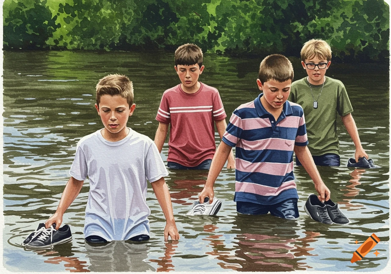 Watercolor painting of four boys wading through a deep river, carrying their shoes.