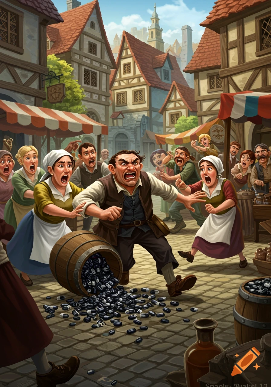 An angry merchant runs from a screaming crowd in a European village as his barrel of black pills spills onto the cobblestone street.