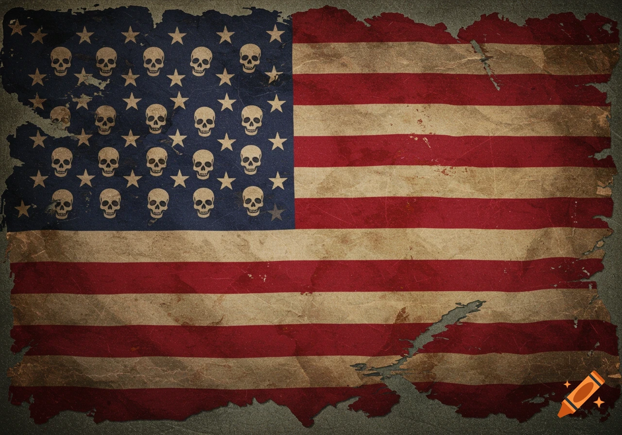 A distressed, grunge-style American flag with skull symbols replacing the stars, on a dark, textured background.