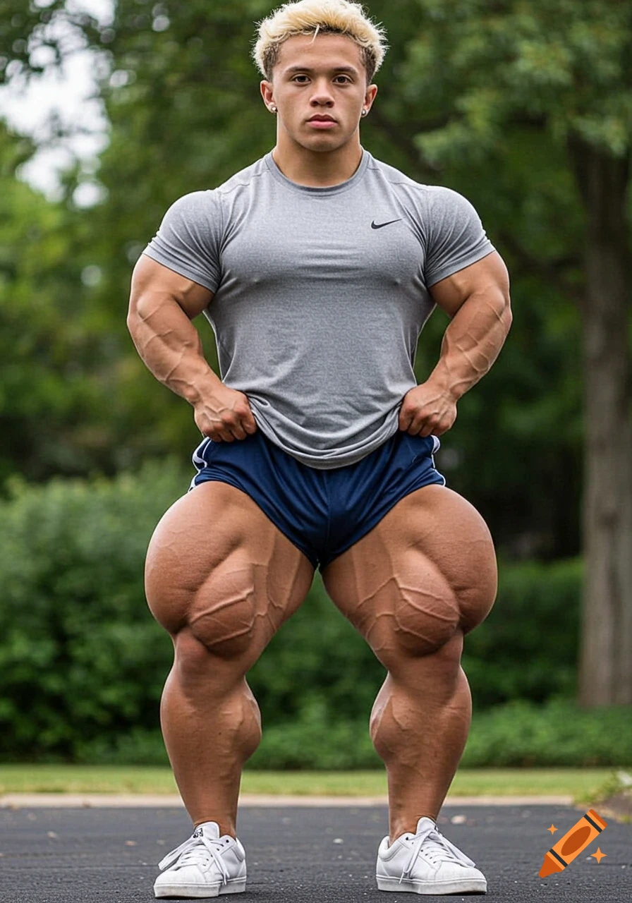 A photorealistic image of a very muscular young man with blond hair in a grey shirt and blue shorts, showcasing large calves.