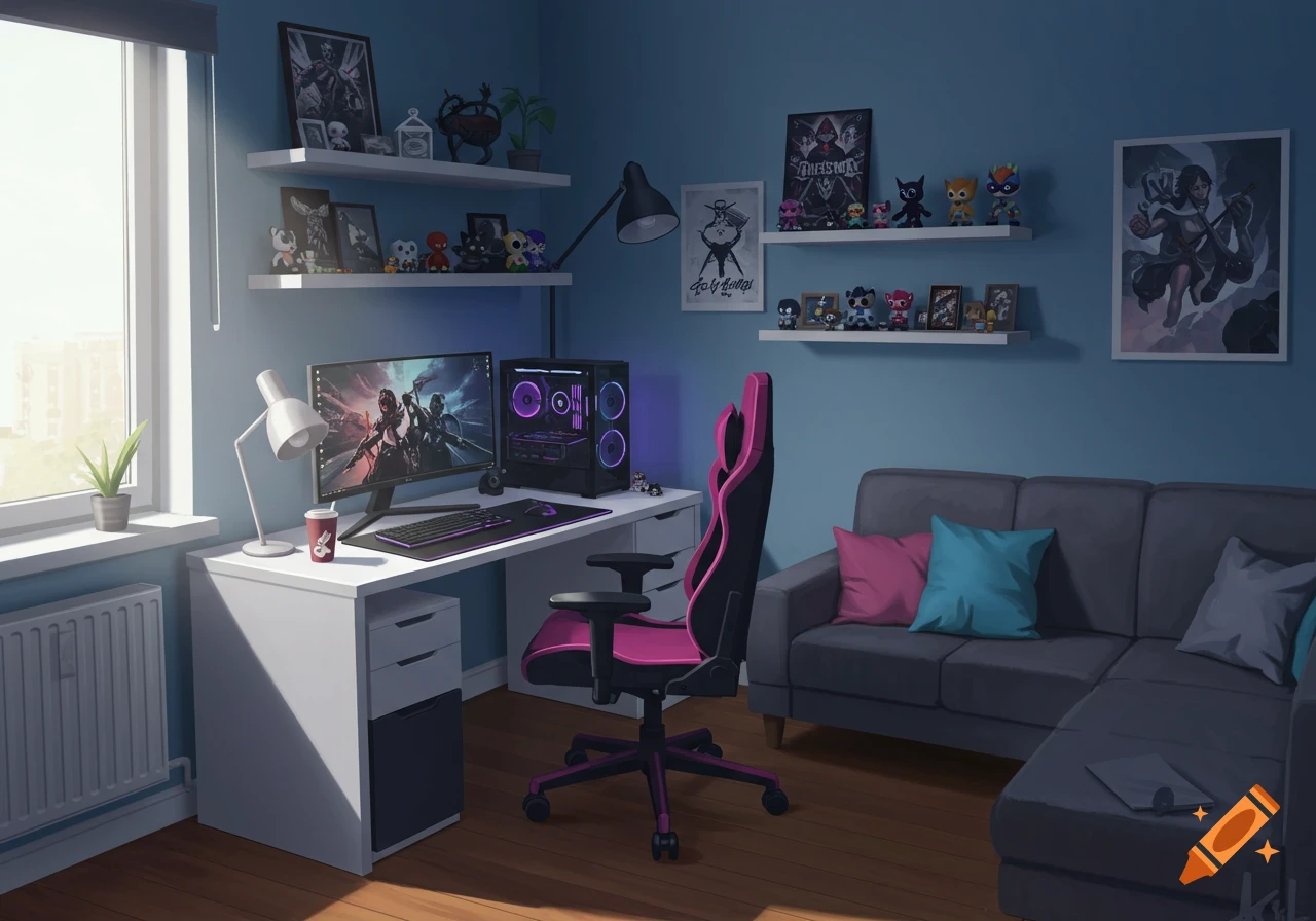 A modern gaming room with a white desk, a powerful computer with purple RGB lighting, a pink gaming chair, shelves with collectibles, and a gray sofa.