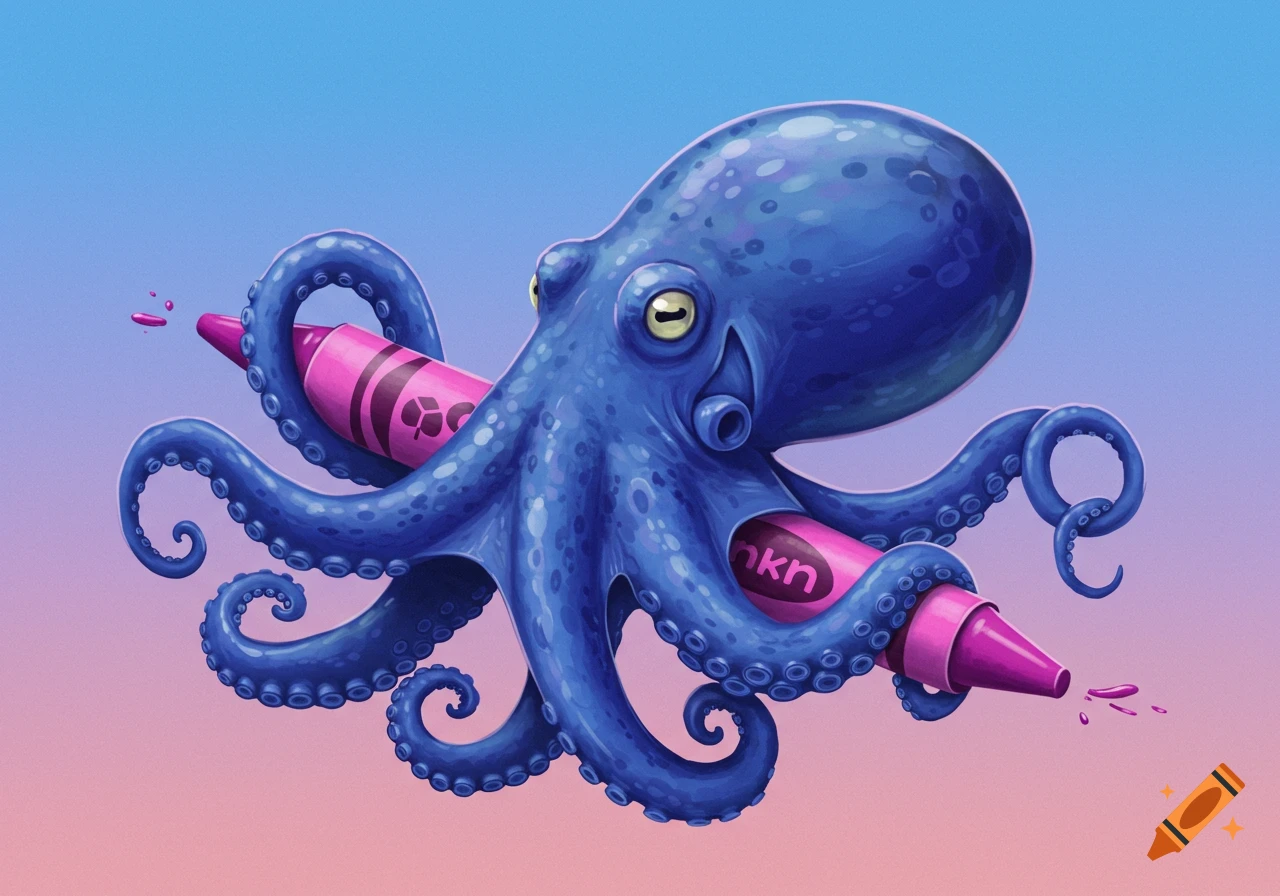 A blue cartoon octopus holds a large pink crayon, with pink splatters near the tip, against a blue to pink gradient background.
