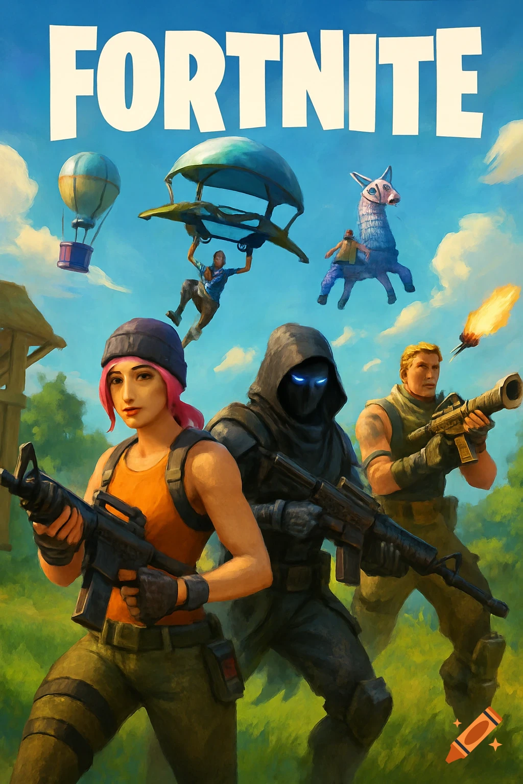 A painted scene from Fortnite with characters holding weapons, a hot air balloon, and a parachute, with the Fortnite logo at the top.