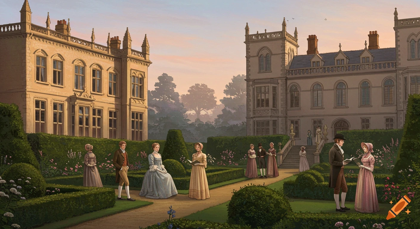 Victorian-era people in period clothing gather in a formal garden outside a grand mansion at sunset, reminiscent of Pride and Prejudice.