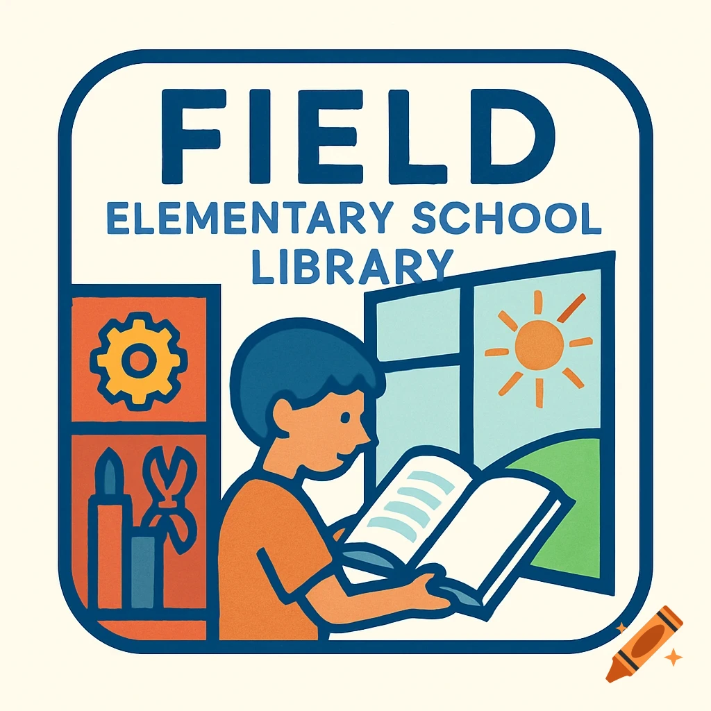 A colorful logo for Field Elementary School Library showing a child reading a book in front of a window, with a gear and scissors on the side.