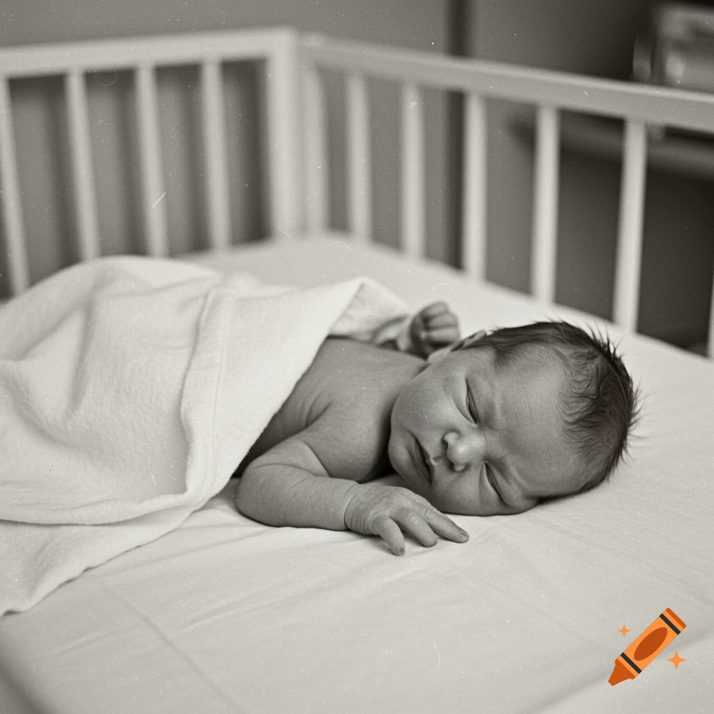 Black and white photo of a newborn baby sleeping peacefully in a white crib, partially covered by a blanket.