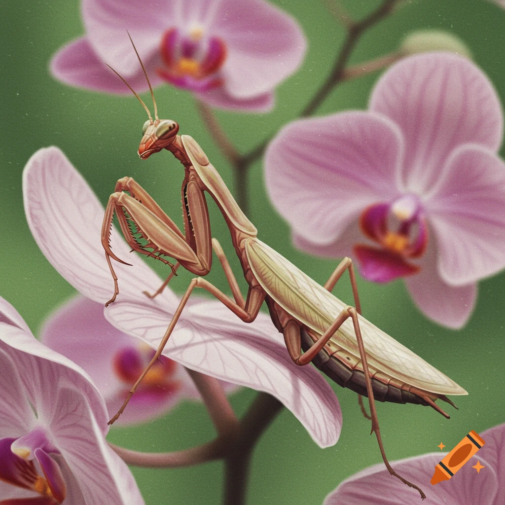 A detailed illustration of an orchid mantis perched on a pink orchid flower against a green background.