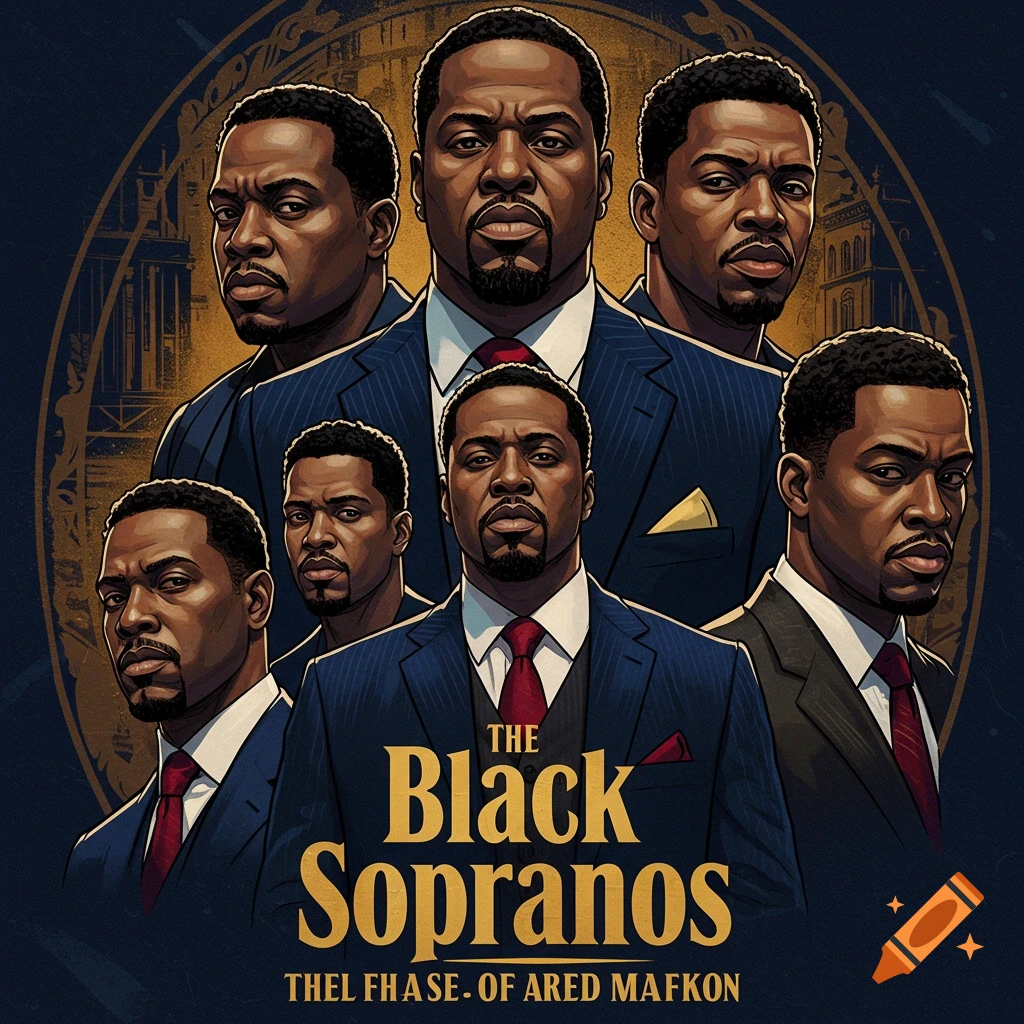Stylized illustration of six Black men in suits arranged like a movie poster, with the title 'The Black Sopranos' in gold text.