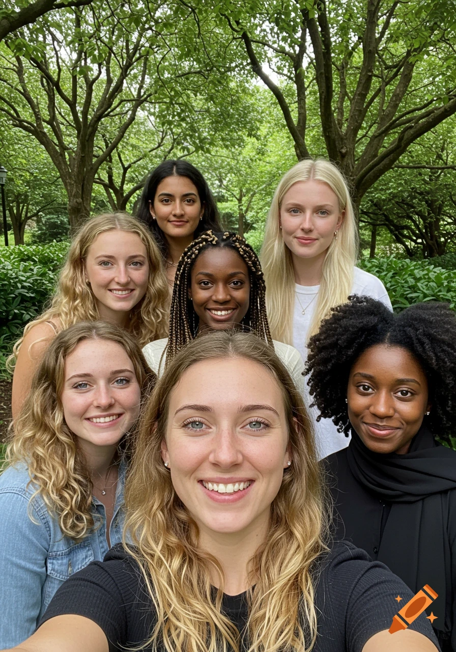Seven young women smiling and posing for a selfie photo outdoors in a lush green park with trees.