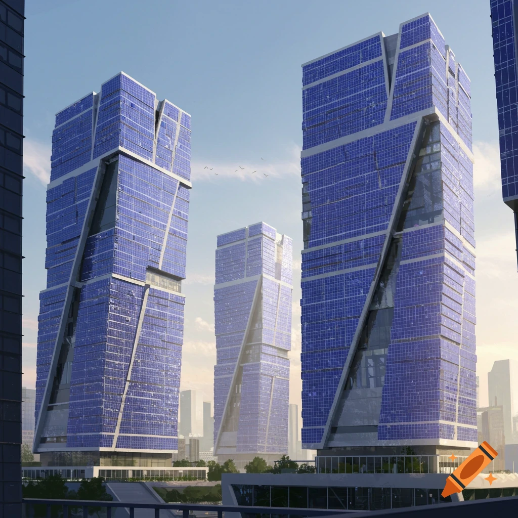 Three futuristic skyscrapers with blue solar-integrated facades stand tall against a clear sky in a modern city.