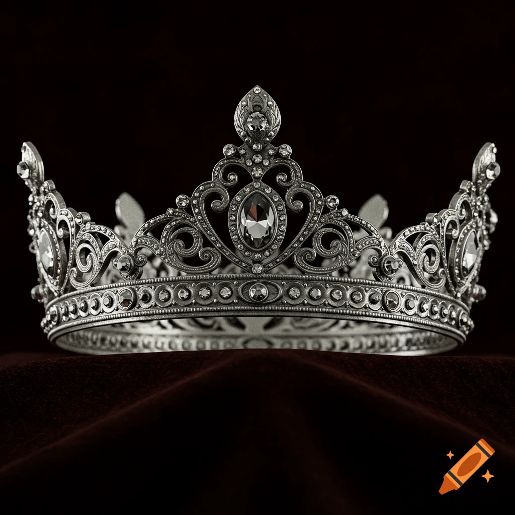 A detailed silver crown adorned with jewels resting on dark red velvet against a dark background.
