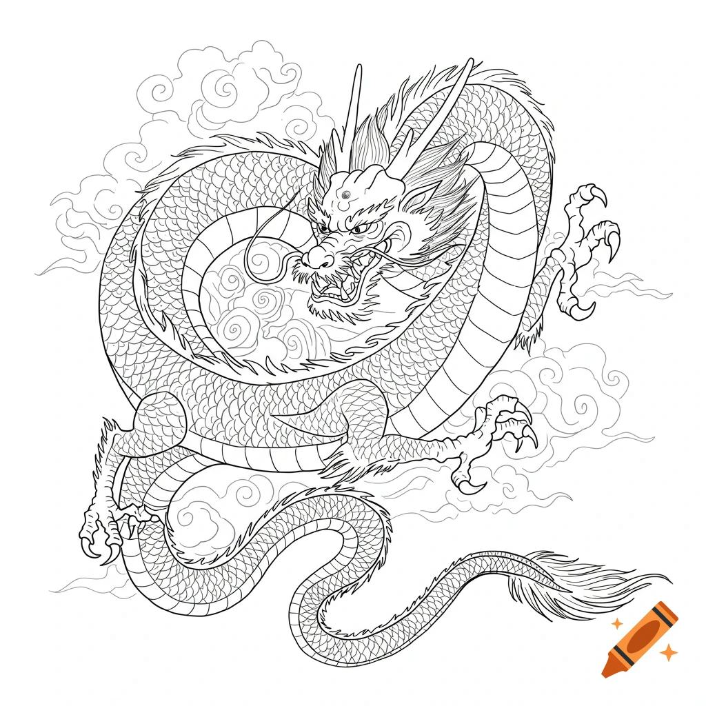 A detailed black and white line art illustration of an eastern dragon, surrounded by clouds.