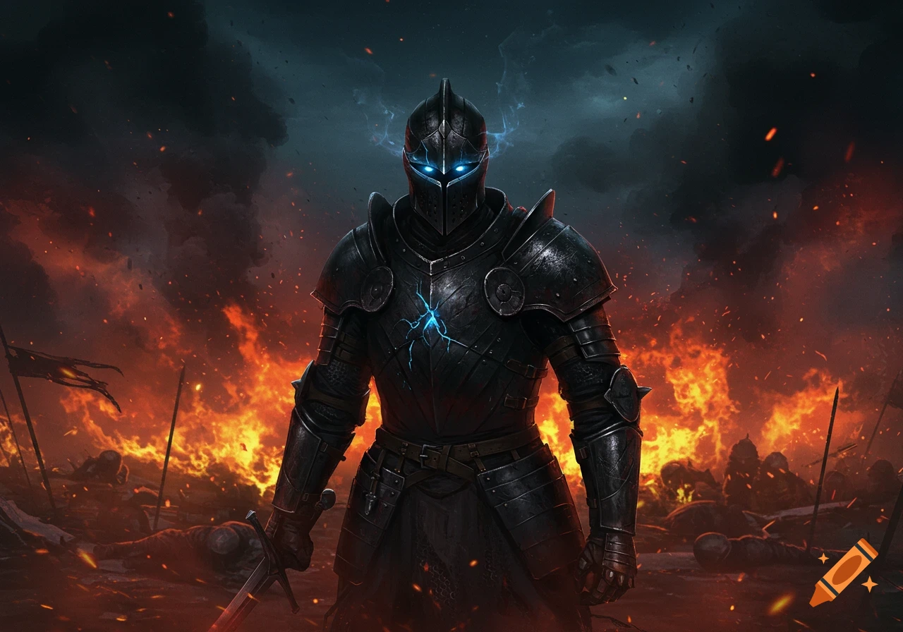 A black-armored knight with glowing blue eyes and a cracked chest stands amidst a burning battlefield with smoke and fallen figures.