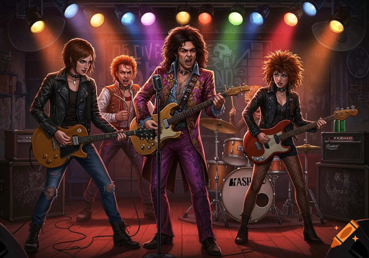 A vibrant illustration of a rock band performing on stage, bathed in colorful spotlights, with four musicians playing instruments.