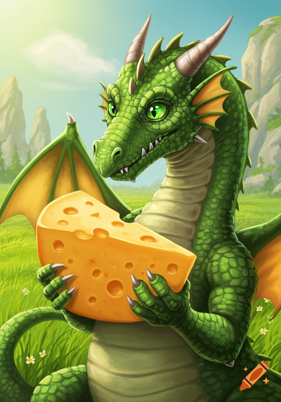 A friendly green dragon with large green eyes holds a wedge of Swiss cheese in a sunny green field.