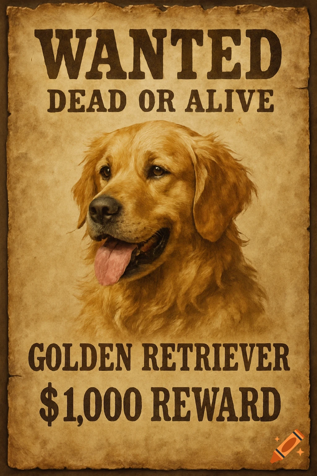 A vintage-style wanted poster featuring a golden retriever, with text 'WANTED DEAD OR ALIVE' and '$1,000 REWARD'.