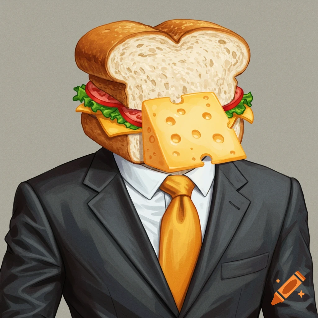 A surreal illustration of a person in a business suit with a sandwich for a head, partially covered by a block of cheese.