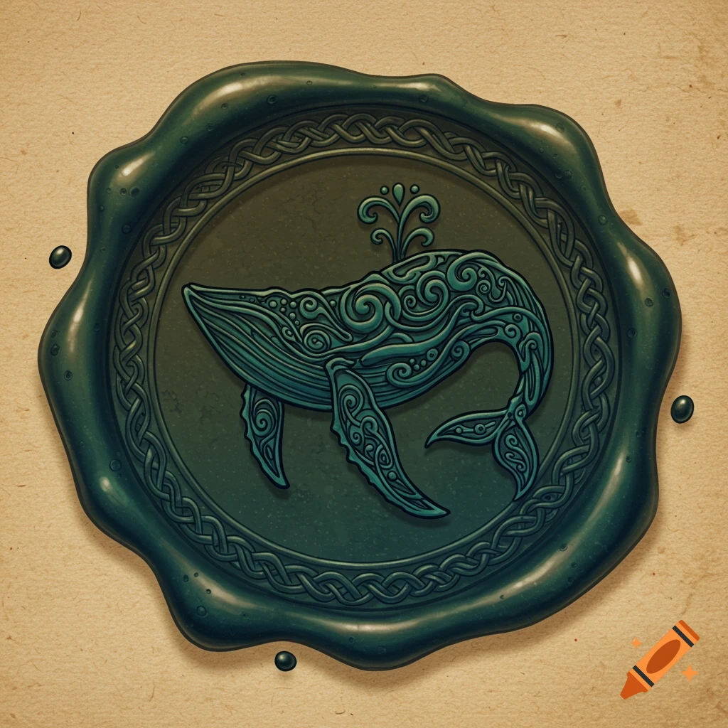 A dark green wax seal featuring an ornate, stylized blue whale in Celtic knotwork design on a textured beige background.