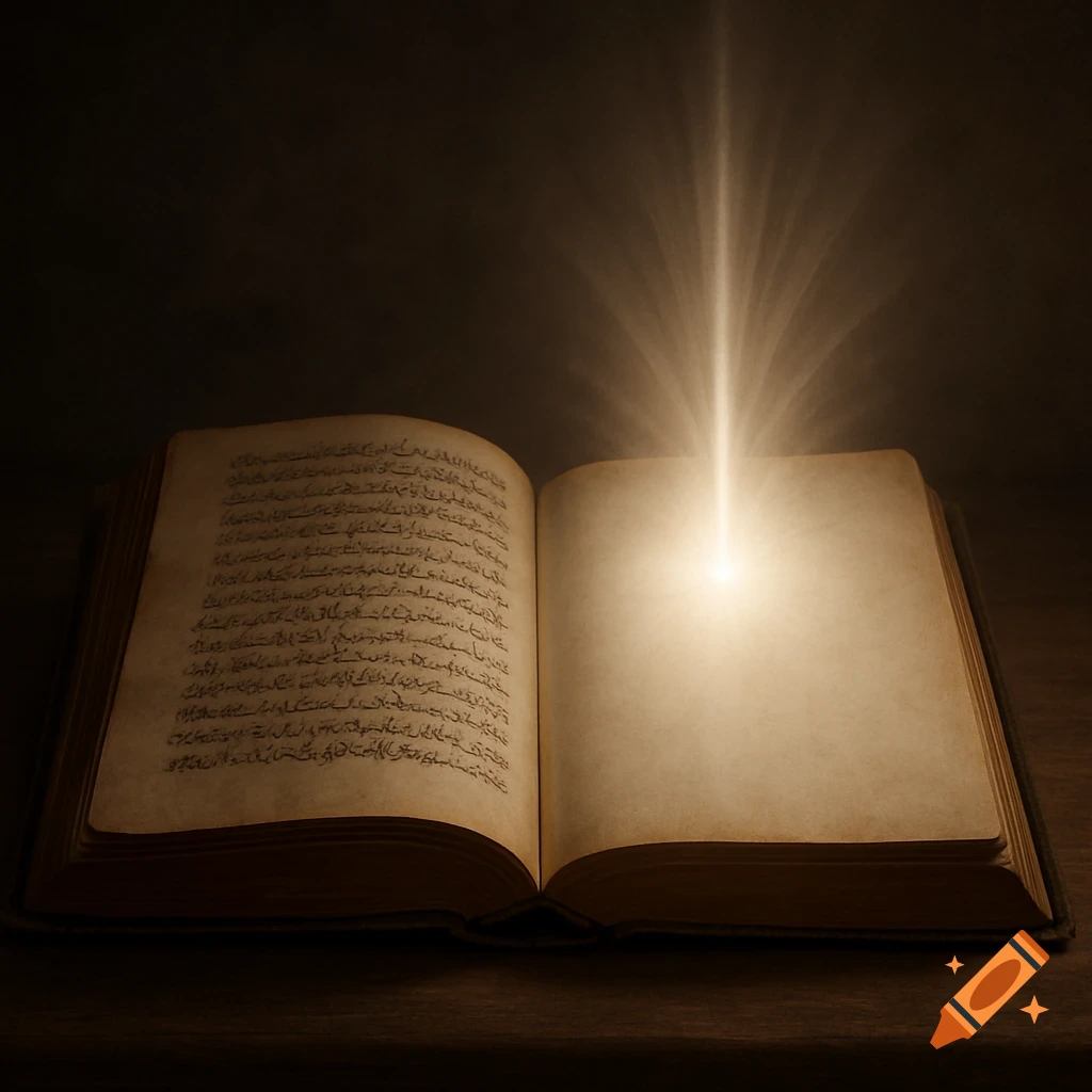 A photorealistic image of an open, ancient book with script on one page and a luminous beam of light rising from the blank page.