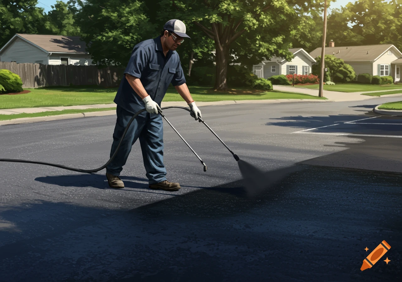 A man in work clothes sealcoating an asphalt parking lot in a suburban neighborhood.