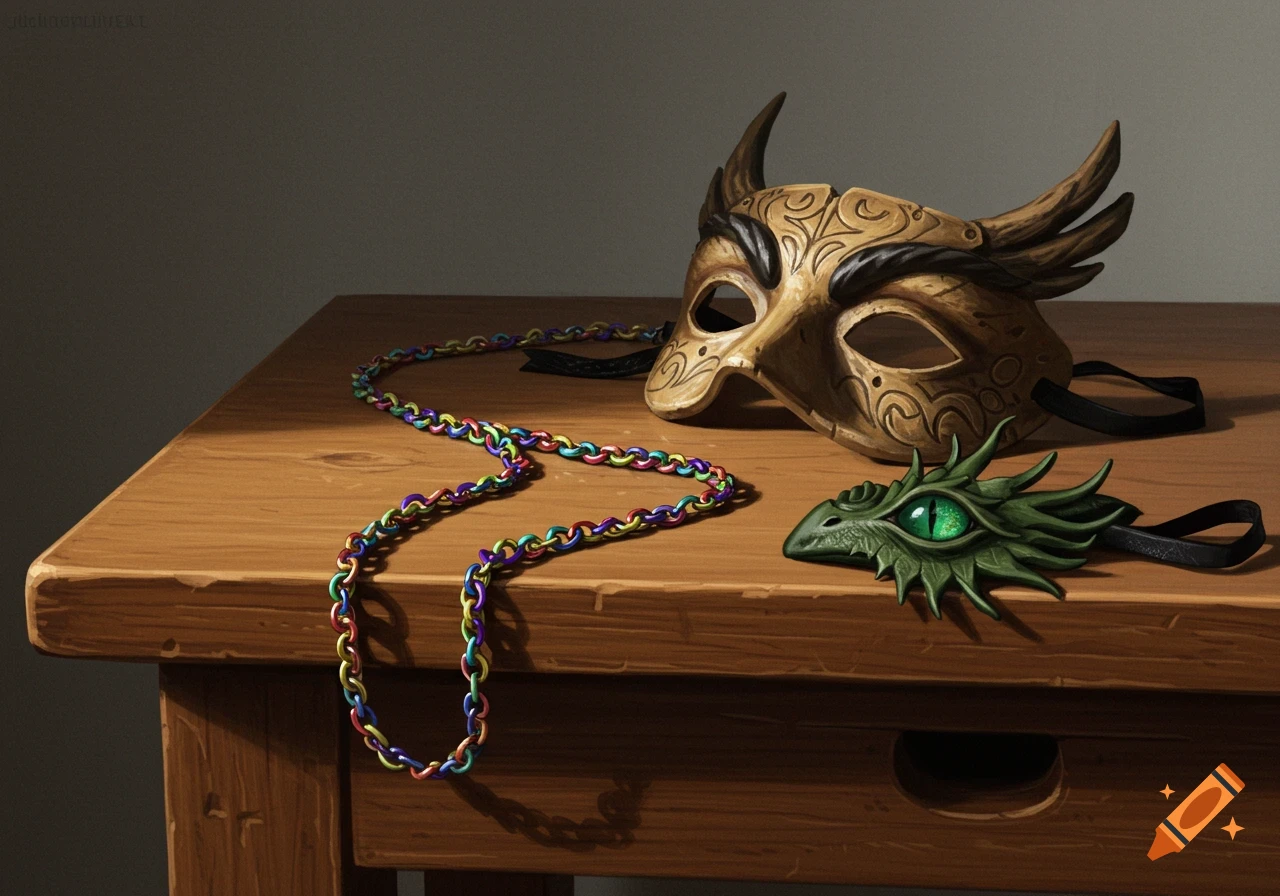 A still life featuring a golden horned mask, a rainbow chain necklace, and a green dragon head pin on a wooden table.