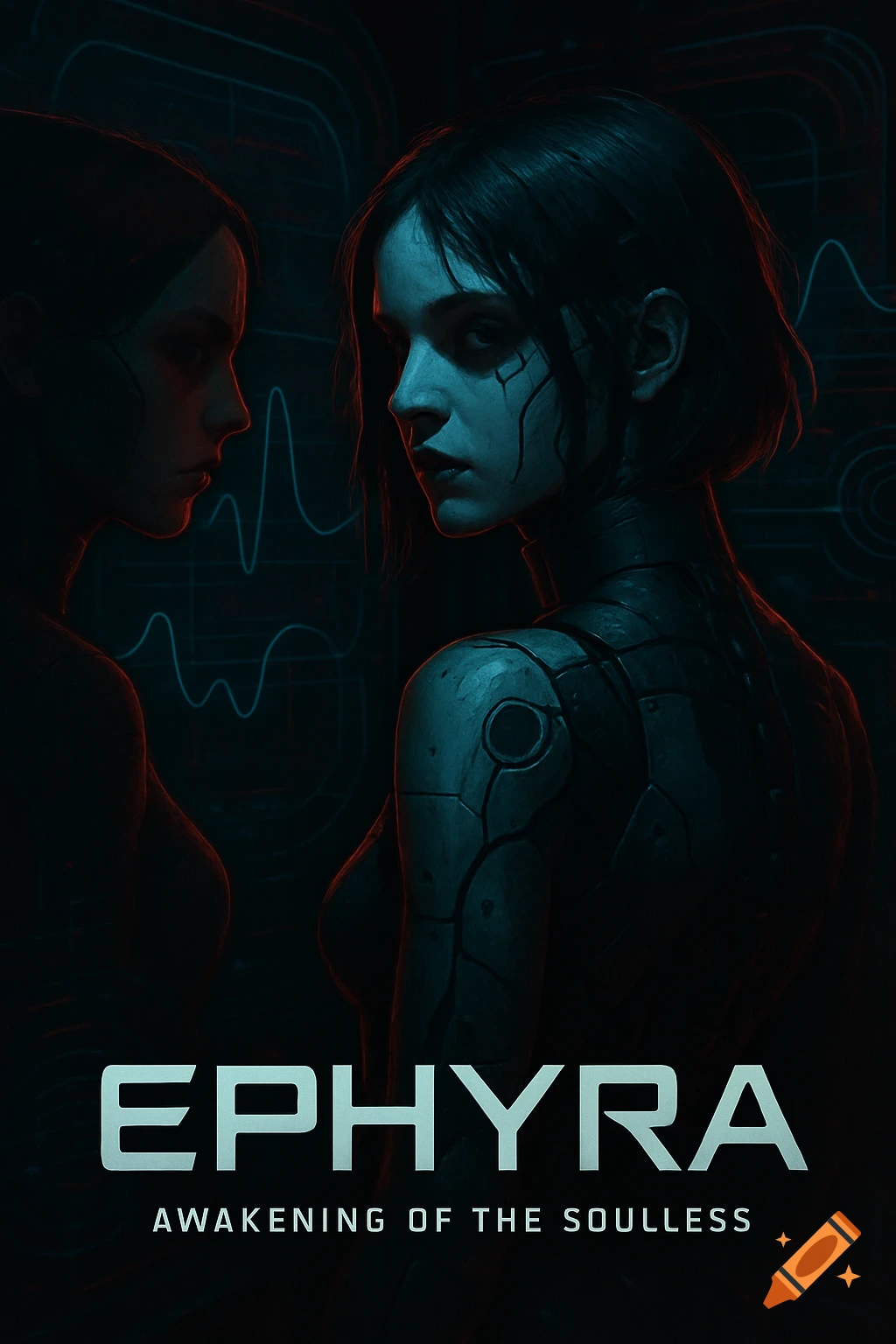 Two stylized female cyborgs in a dark, neon-lit cyberpunk poster with the title EPHYRA and tagline AWAKENING OF THE SOULLESS.