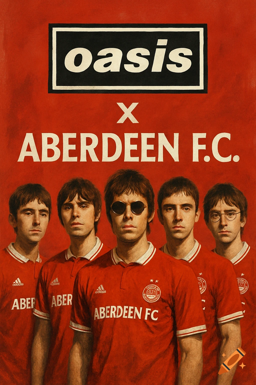 Five men resembling Oasis wear red Aberdeen F.C. football jerseys beneath large Oasis and Aberdeen F.C. text.