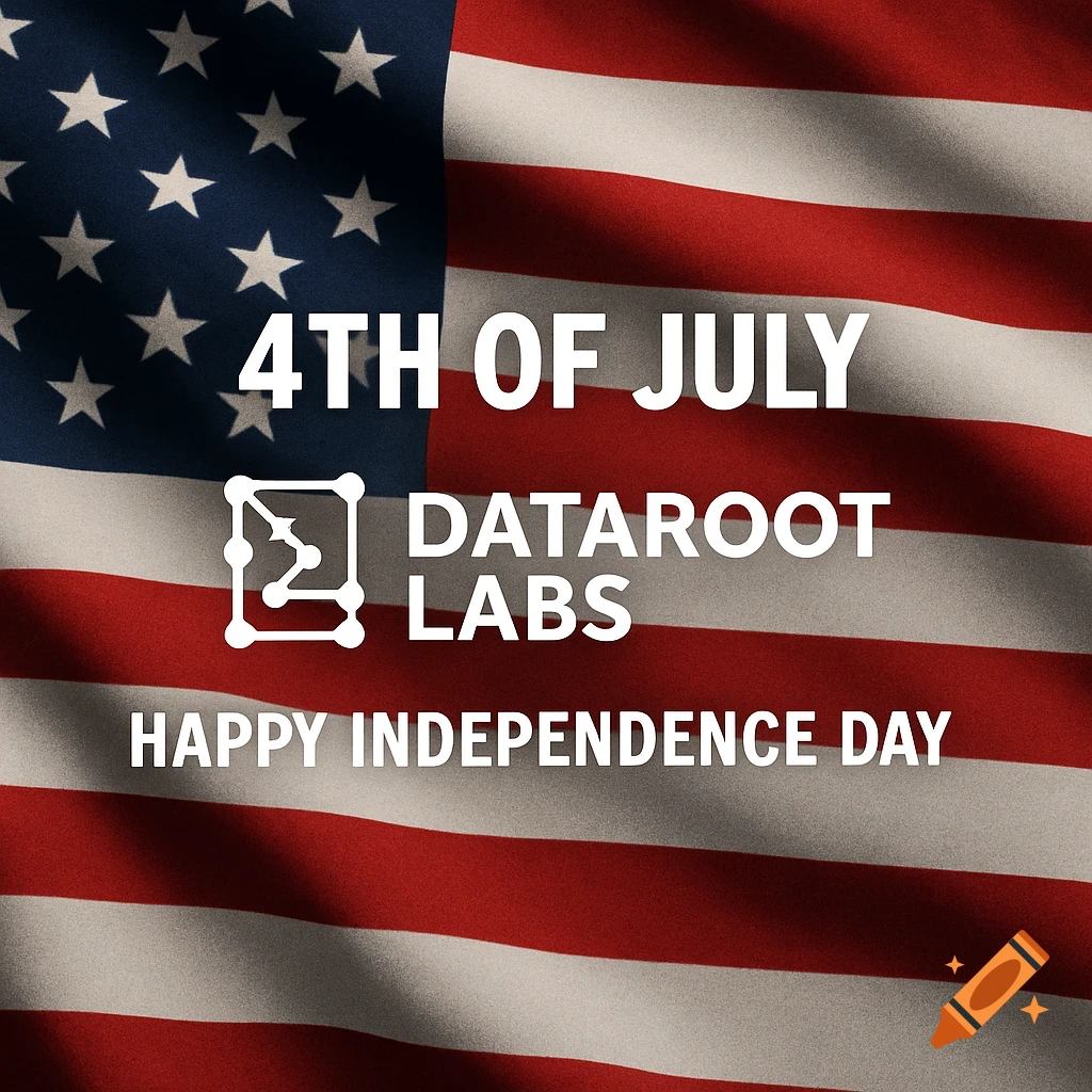 Waving American flag with '4TH OF JULY', 'DATAROOT LABS', and 'HAPPY INDEPENDENCE DAY' text.