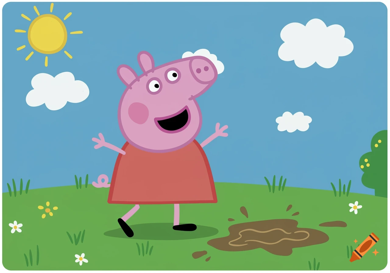 Peppa Pig, a pink cartoon pig, stands in a green field with a muddy puddle under a sunny blue sky.