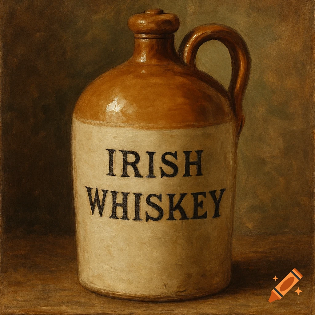 A painterly depiction of an antique two-toned ceramic jug labeled 'IRISH WHISKEY' on a wooden surface.