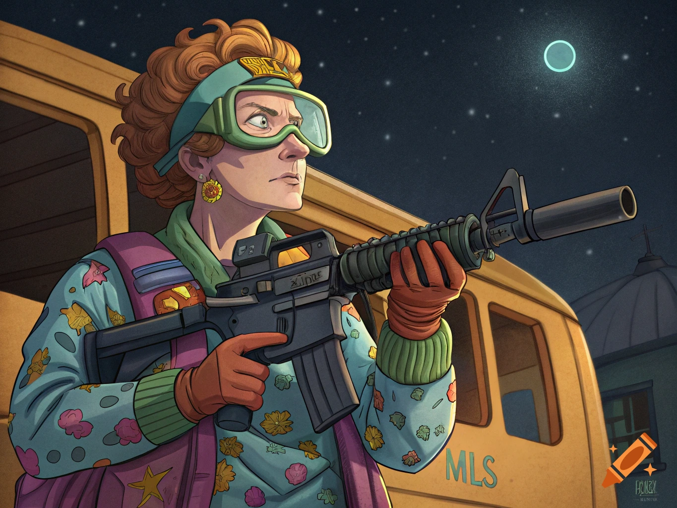 Cartoon illustration of a determined Mrs. Frizzle in tactical gear and goggles, holding an AR-15 rifle at night, with a yellow bus behind her.