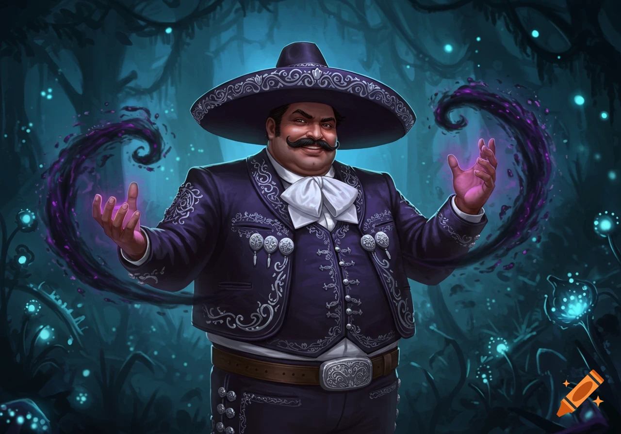 A smiling man in a purple mariachi suit and sombrero uses magic in a dark, glowing fantasy forest, character art.