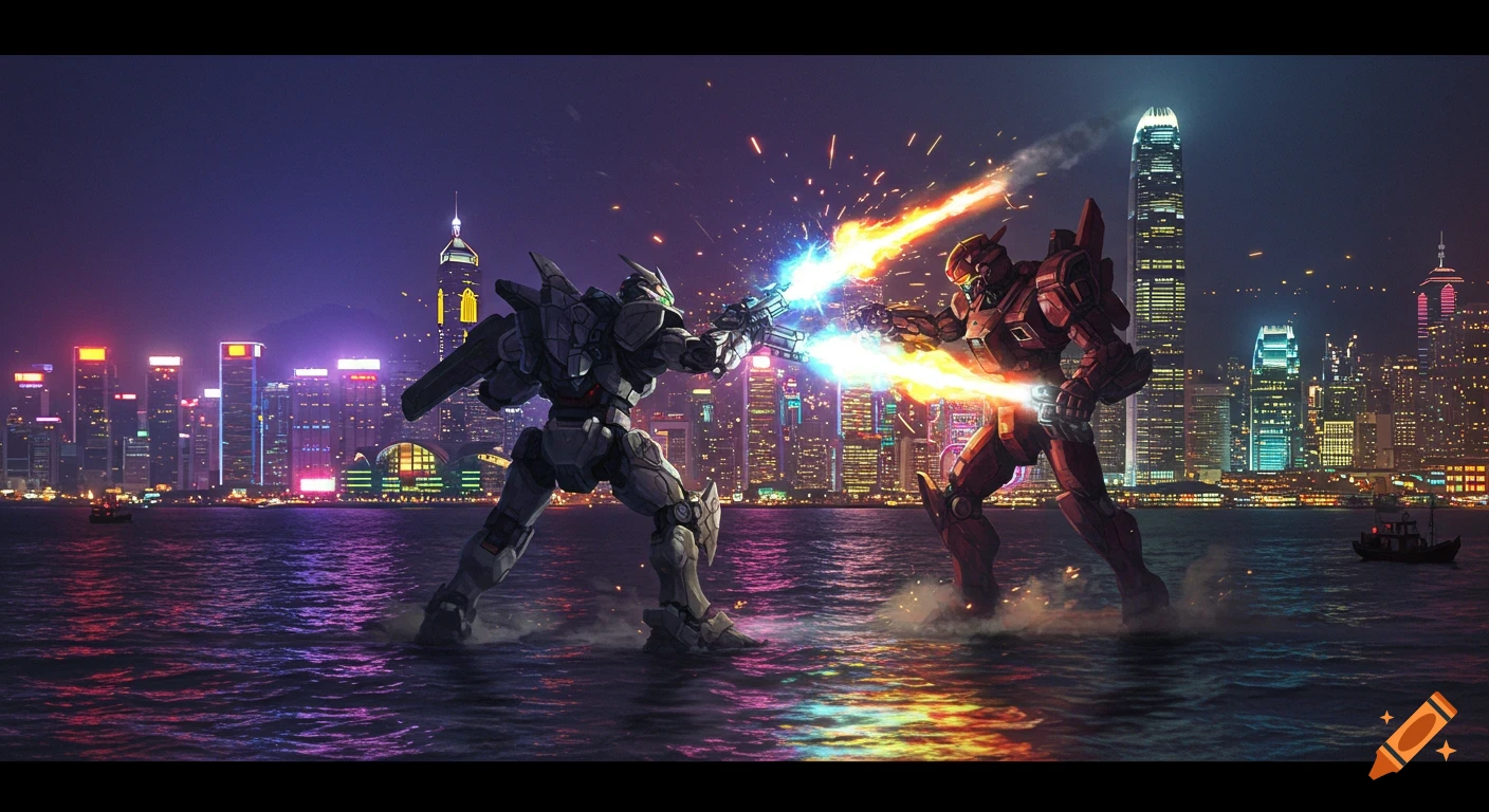 Two giant mechs battle on the Hong Kong waterfront at night, clashing energy weapons amidst city lights.