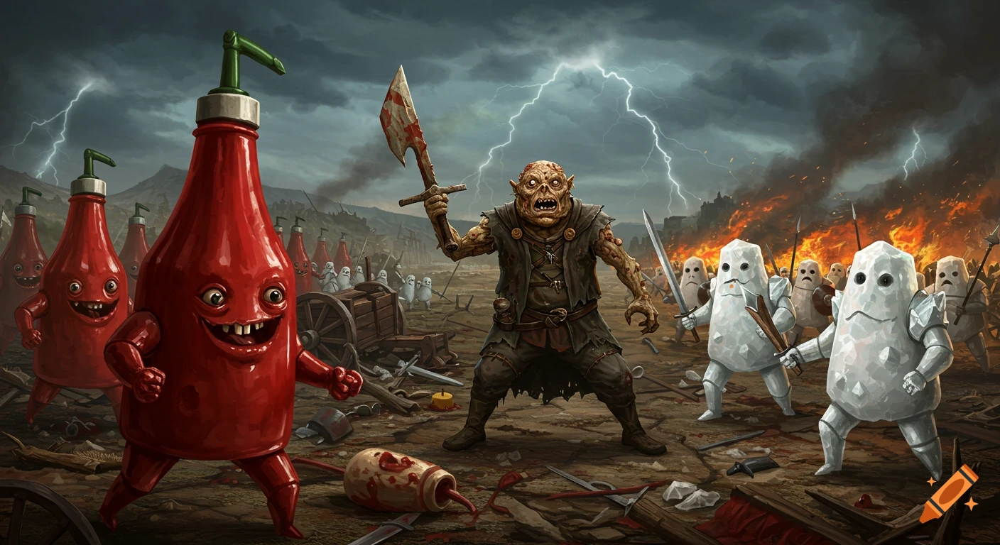 Anthropomorphic ketchup bottles and salt shakers battle an orc in a war-torn country under a stormy sky.