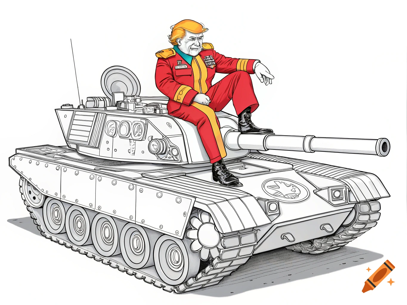 An illustration of Donald Trump wearing a red and yellow military-style uniform, sitting on top of a tank. The tank is rendered in black and white line art, while Trump's figure is partially colored.