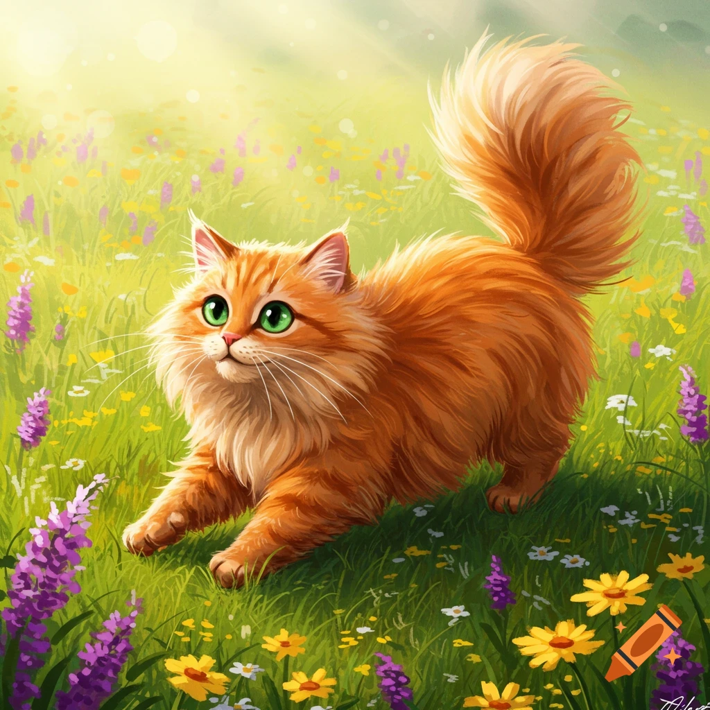 A fluffy orange cat with bright green eyes in a playful pose in a ...